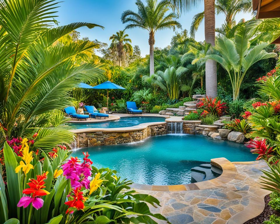 around pool tropical garden design